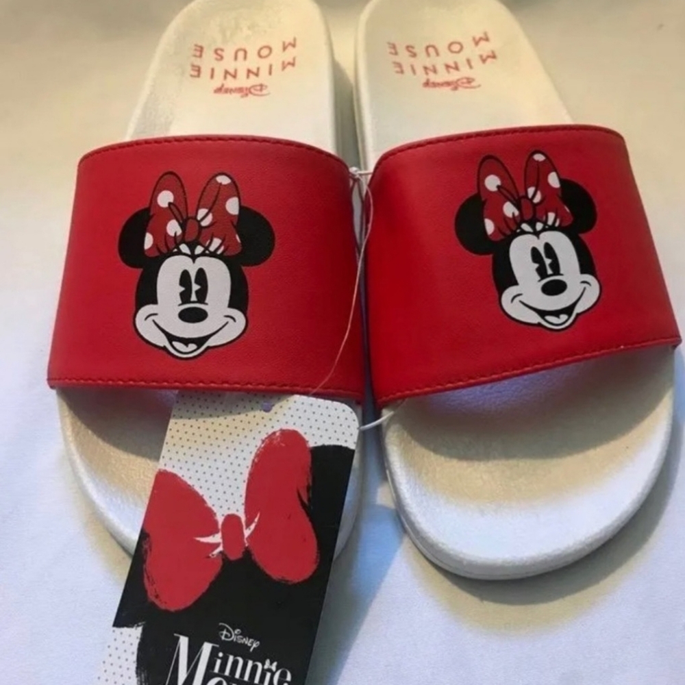 Disney Minnie Mouse White Red Slides Sandal Flip Flops Youth Girls 2/3 Large